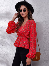 Load image into Gallery viewer, Ruched Printed V-Neck Long Sleeve Blouse