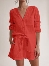 Load image into Gallery viewer, Notched Long Sleeve Top and Shorts Set