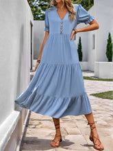 Load image into Gallery viewer, Perfee Decorative Button Notched Short Sleeve Midi Dress