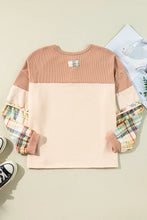 Load image into Gallery viewer, Plus Size Waffle-Knit Detail Plaid Round Neck Top