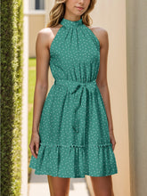 Load image into Gallery viewer, Frill Grecian Neck Tie Waist Mini Dress