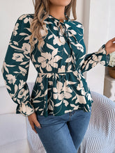 Load image into Gallery viewer, Printed Tie Neck Flounce Sleeve Blouse