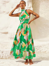 Load image into Gallery viewer, Ruched Printed Halter Neck Sleeveless Dress