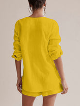 Load image into Gallery viewer, Notched Long Sleeve Top and Shorts Set