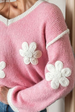 Load image into Gallery viewer, Flower V-Neck Dropped Shoulder Sweater