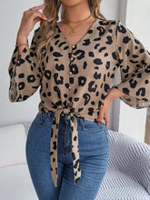 Load image into Gallery viewer, Tied Button Up Leopard V-Neck Blouse