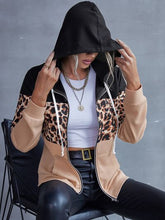 Load image into Gallery viewer, Drawstring Leopard Zip Up Hooded Jacket