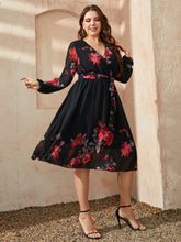 Load image into Gallery viewer, Plus Size Floral Surplice Neck Tie Waist Dress