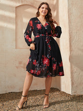 Load image into Gallery viewer, Plus Size Floral Surplice Neck Tie Waist Dress
