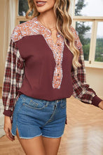 Load image into Gallery viewer, Plaid Notched Neck Slit Blouse