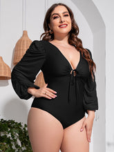 Load image into Gallery viewer, Plus Size Tied Deep V Balloon Sleeve One-Piece Swimsuit