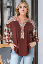Load image into Gallery viewer, Plaid Notched Neck Slit Blouse