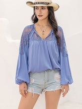 Load image into Gallery viewer, Lace Detail Tie Neck Balloon Sleeve Blouse