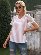 Load image into Gallery viewer, Lace Detail Striped V-Neck T-Shirt