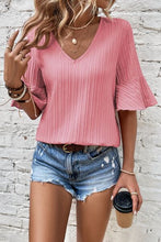 Load image into Gallery viewer, Textured V-Neck Flounce Sleeve Blouse