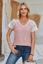 Load image into Gallery viewer, Eyelet V-Neck Lace Short Sleeve T-Shirt