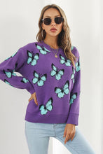 Load image into Gallery viewer, Butterfly Pattern Round Neck Dropped Shoulder Sweater