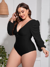 Load image into Gallery viewer, Plus Size Tied Deep V Balloon Sleeve One-Piece Swimsuit