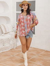 Load image into Gallery viewer, Plus Size Printed Tie Neck Balloon Sleeve Blouse