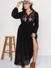 Load image into Gallery viewer, Plus Size Embroidered Tie Neck Long Sleeve Dress