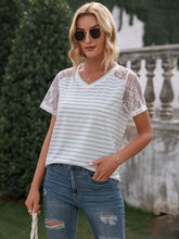 Load image into Gallery viewer, Lace Detail Striped V-Neck T-Shirt