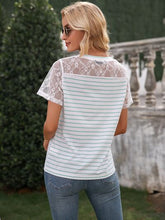 Load image into Gallery viewer, Lace Detail Striped V-Neck T-Shirt