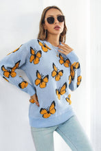 Load image into Gallery viewer, Butterfly Pattern Round Neck Dropped Shoulder Sweater