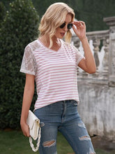 Load image into Gallery viewer, Lace Detail Striped V-Neck T-Shirt