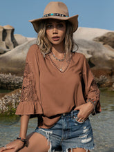 Load image into Gallery viewer, Openwork V-Neck Flounce Sleeve Blouse