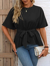 Load image into Gallery viewer, Tied Round Neck Half Sleeve Blouse
