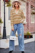 Load image into Gallery viewer, Striped Dropped Shoulder Notched Neck Knit Top