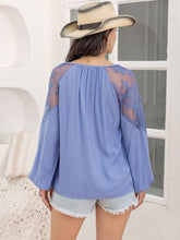 Load image into Gallery viewer, Lace Detail Tie Neck Balloon Sleeve Blouse
