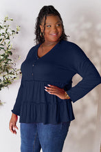 Load image into Gallery viewer, Double Take Half Button Long Sleeve Ruffle Hem Blouse
