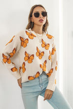 Load image into Gallery viewer, Butterfly Pattern Round Neck Dropped Shoulder Sweater