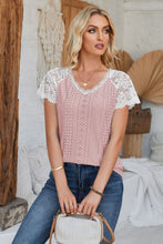 Load image into Gallery viewer, Eyelet V-Neck Lace Short Sleeve T-Shirt