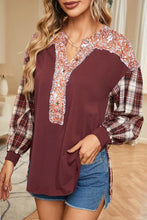 Load image into Gallery viewer, Plaid Notched Neck Slit Blouse