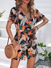 Load image into Gallery viewer, Botanical Print Surplice Neck Tie Waist Romper