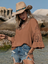 Load image into Gallery viewer, Openwork V-Neck Flounce Sleeve Blouse