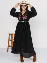 Load image into Gallery viewer, Plus Size Embroidered Tie Neck Long Sleeve Dress