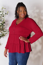 Load image into Gallery viewer, Double Take Half Button Long Sleeve Ruffle Hem Blouse