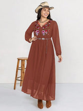 Load image into Gallery viewer, Plus Size Embroidered Tie Neck Long Sleeve Dress