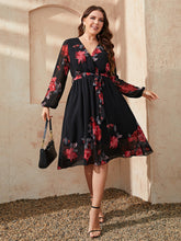Load image into Gallery viewer, Plus Size Floral Surplice Neck Tie Waist Dress