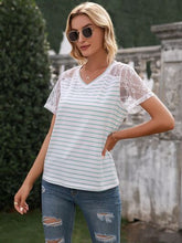 Load image into Gallery viewer, Lace Detail Striped V-Neck T-Shirt