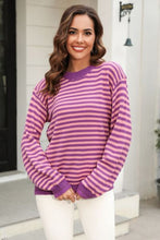 Load image into Gallery viewer, Striped Round Neck Dropped Shoulder Sweater