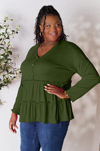 Load image into Gallery viewer, Double Take Half Button Long Sleeve Ruffle Hem Blouse