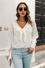 Load image into Gallery viewer, Ruffle Trim Button-Down Dropped Shoulder Sweater