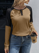 Load image into Gallery viewer, Contrast Buttoned Round Neck Raglan Sleeve Top
