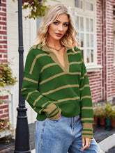 Load image into Gallery viewer, Striped Dropped Shoulder Notched Neck Knit Top