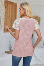 Load image into Gallery viewer, Eyelet V-Neck Lace Short Sleeve T-Shirt