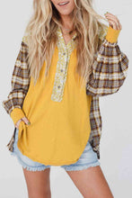 Load image into Gallery viewer, Plaid Notched Neck Slit Blouse
